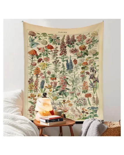 Vintage Flowers Tapestry 48”x36”, Long Vertical Wall Hanging Reference Illustrative Botanical Tapestries for Bedroom Aesthetic Floral Tapistry Botanical Plants Tapestry Wall Hanging Cute Bedroom Decor