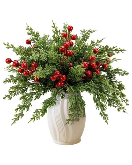 Watayo 45 Pcs Christmas Artificial Pine Branches with Red Berry Stems, 10.5" Faux Evergreen Norfolk Pine Cypress Leaves Stems, Fake Foliage Pine Needles Picks for DIY Craft Garland Home Decor
